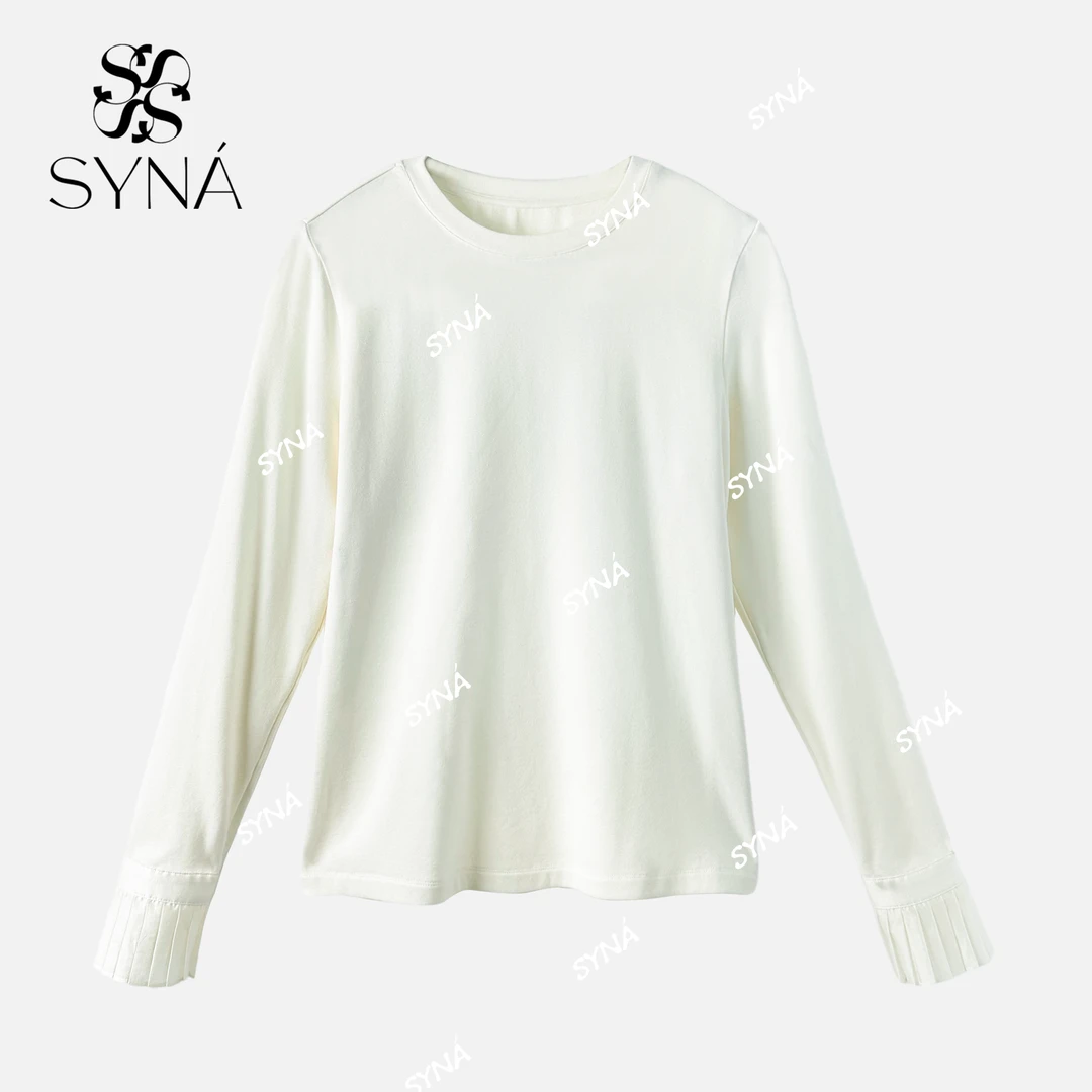 syna希娜 白茶清欢 舒适软糯圆领花瓣袖针织衫-店