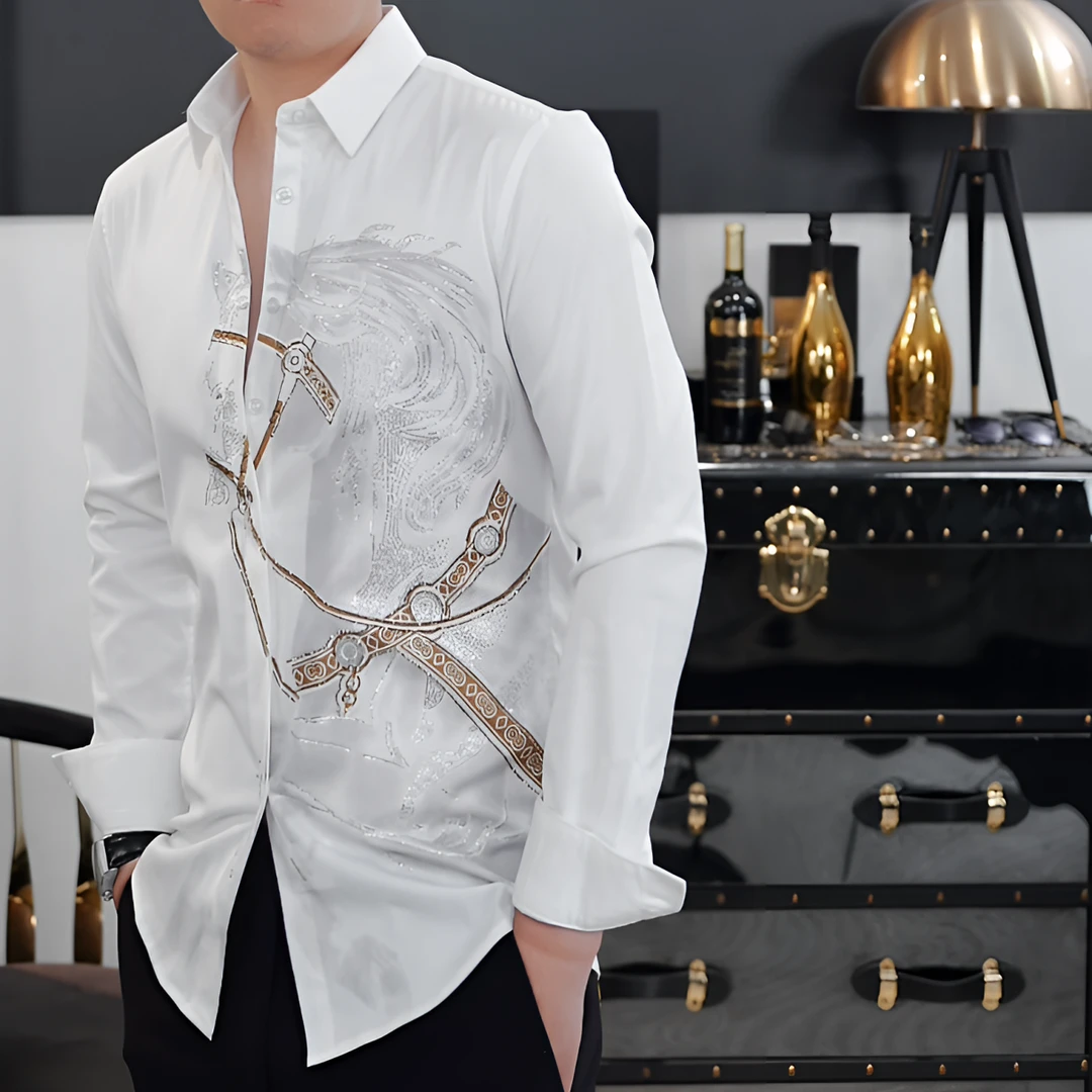 时尚长袖春季烫印衬衫休闲休闲潮流修身个性痞帅