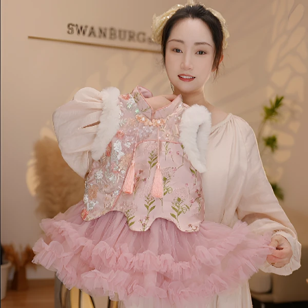 （现货）（断码福利）【Y.k4162】24中式甜美马甲裙女童甜美保暖背心裙