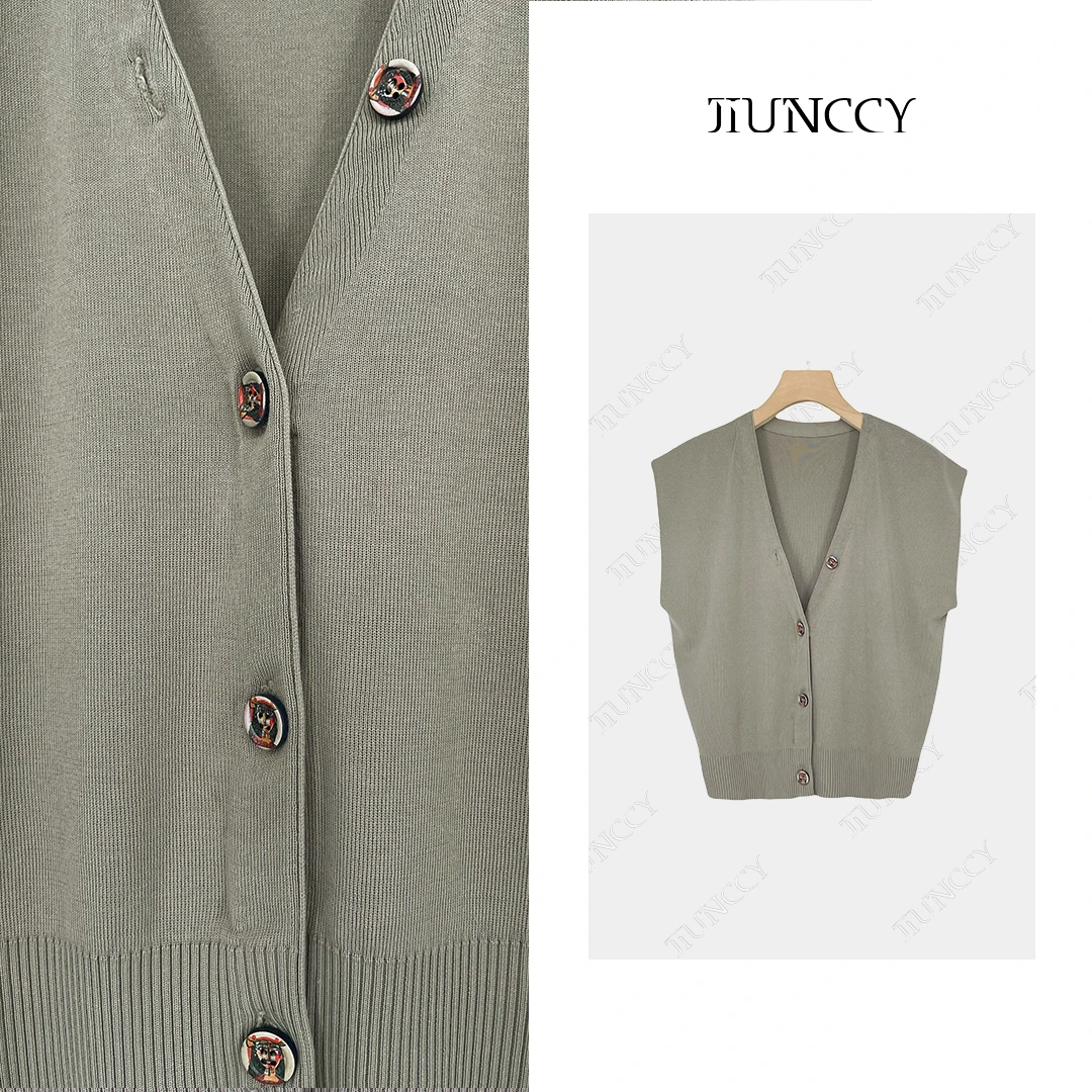 JIUNCCY 【雨林】天丝桑蚕丝油画扣V领小飞袖针织开衫 24ZZ032