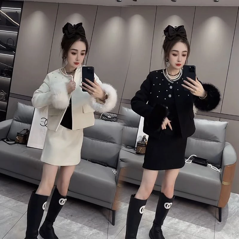 小香风名媛时尚套装女2025秋冬季新款毛呢子加棉外套短裙两件套潮