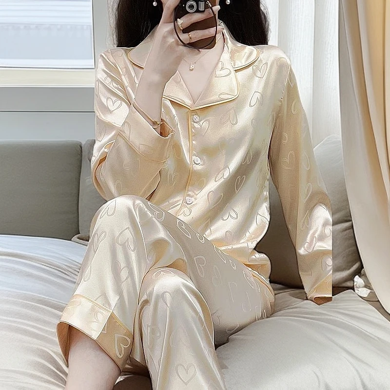 维多利亚高档女士睡衣女款夏季冰丝薄款香槟色长袖长裤家居服套装