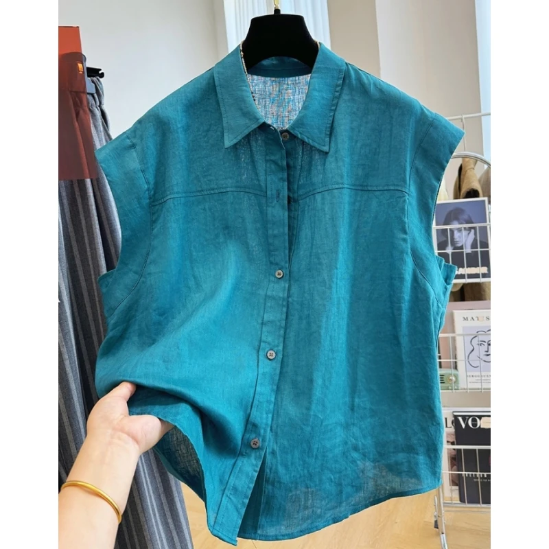 高端亚麻无袖衬衫女夏季高级感轻奢气质坎肩小衫背心单穿上衣薄款