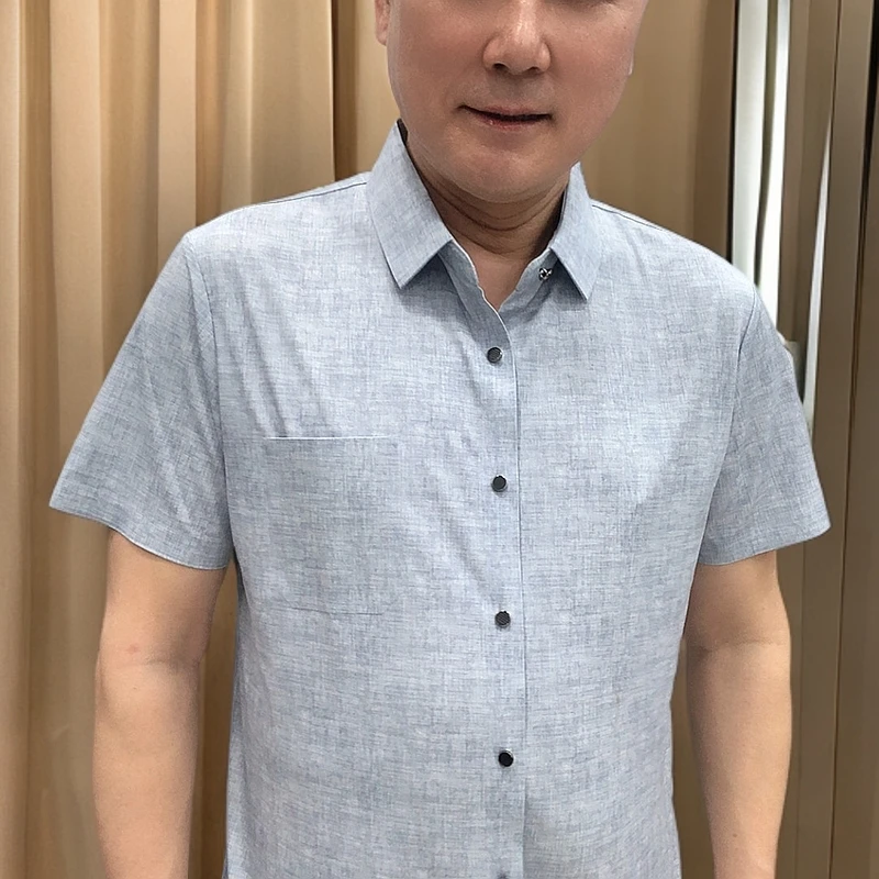 1886微）短袖新款翻驳领对襟水洗夏季衬衫中年夏装翻领宽松商务