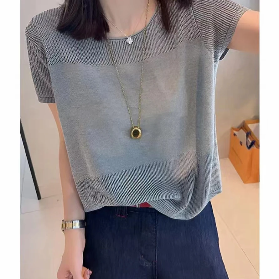 【半岛】新款圆领百搭纯色短袖宽松镂空显瘦夏季针织衫薄款毛针织衫
