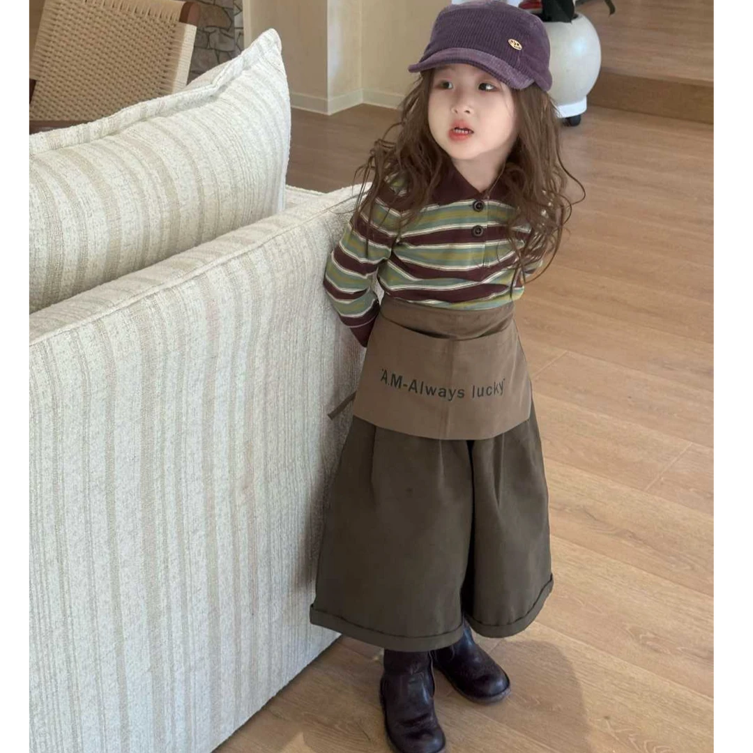 《现货》女童2025秋季新款韩版休闲POLO领条纹上衣屁帘阔腿裤套装