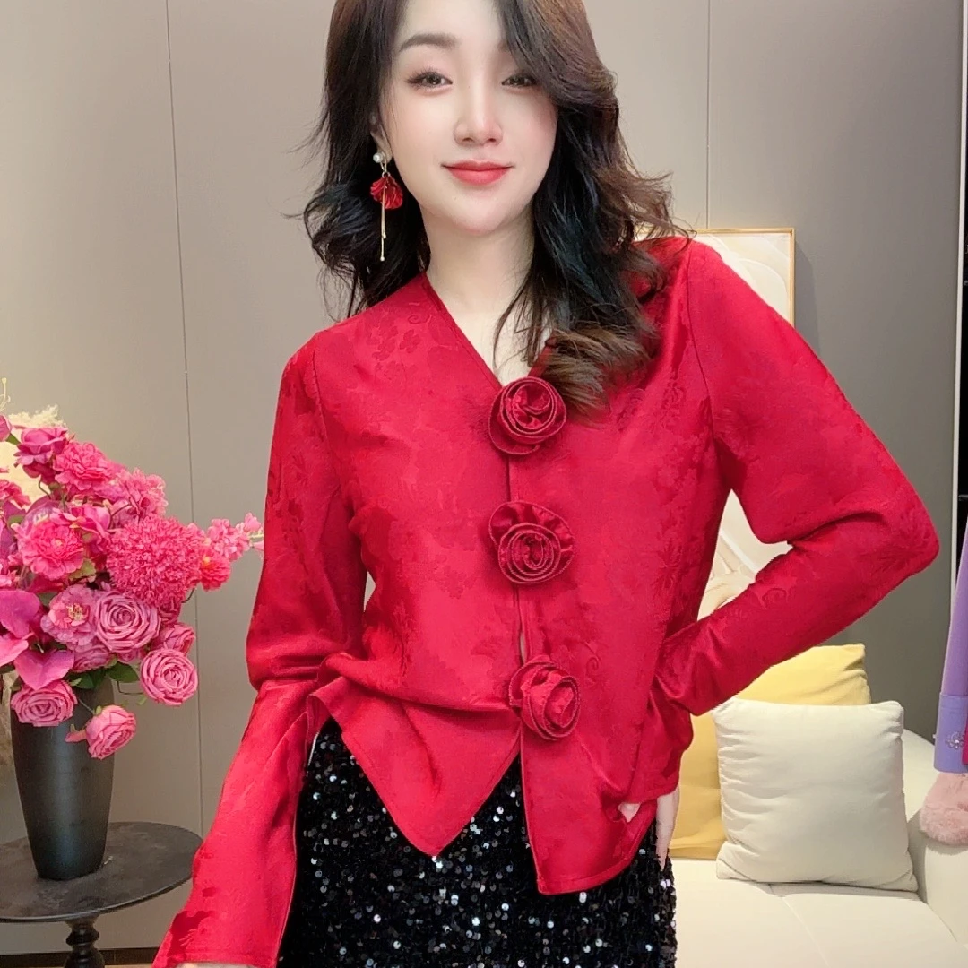 小满服饰【三生花】新年款唯美浪漫法式重工收腰花朵刺绣提花上衣