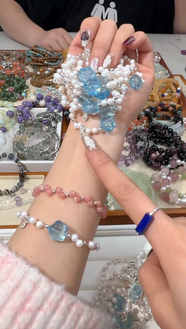 【闪购商品】淡水珍珠手绳银S925镶嵌B007珍珠编织海蓝星星款