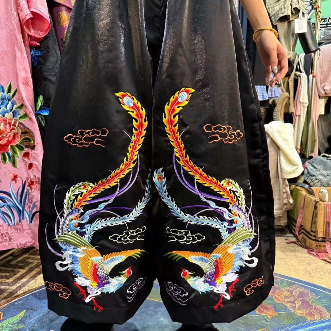等闲集国风新中式刺绣彩色凤凰宽松休闲裤子