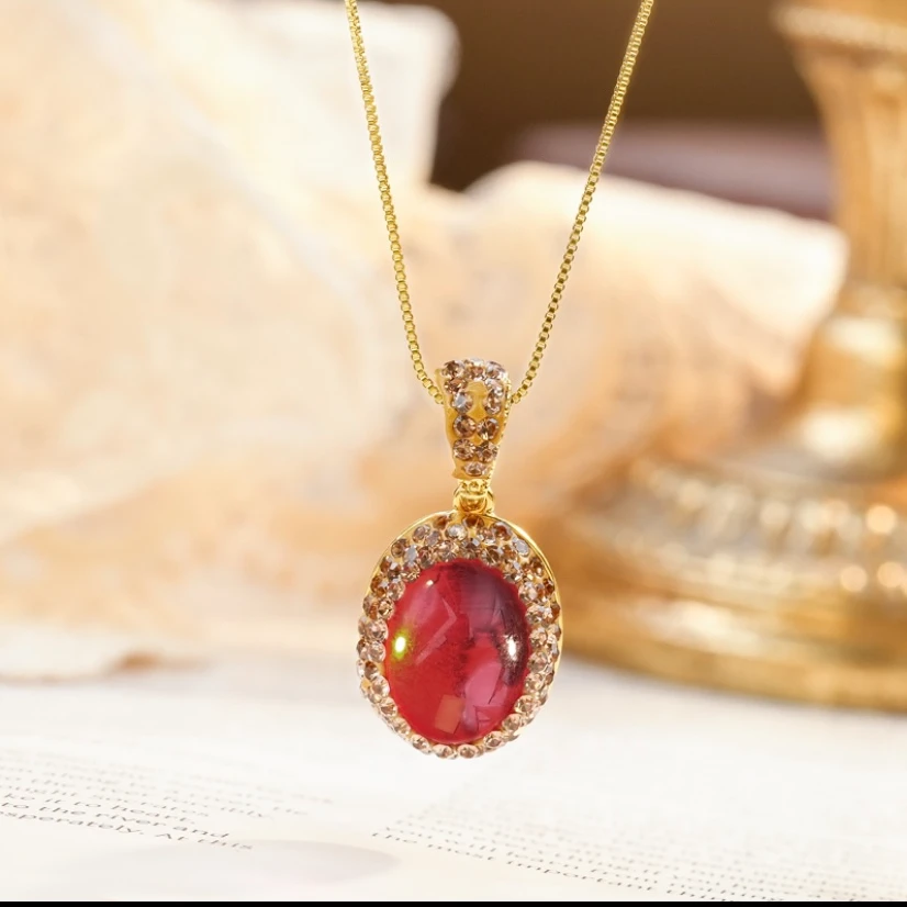 铜合金锆石项链 气质轻奢时尚红色简约彩色镶嵌坠链项链5746-2