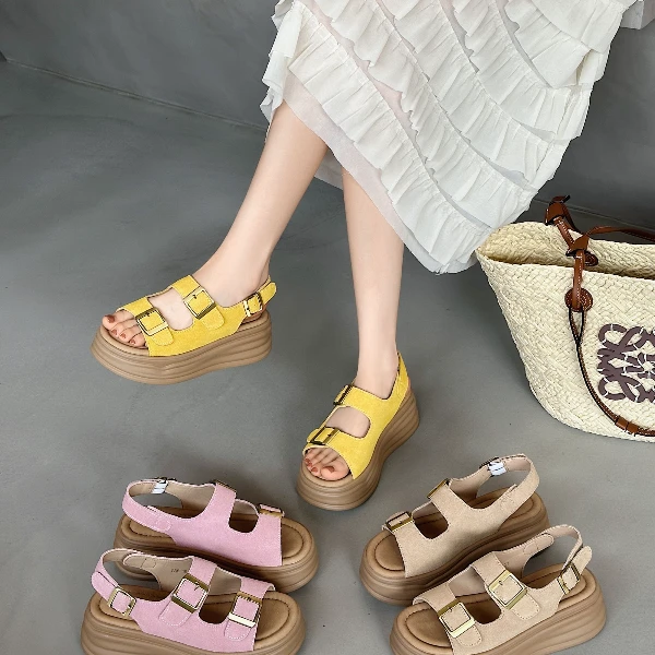 夏季时尚百搭舒适休闲软底镂空厚底复古透气糖果色厚底凉鞋