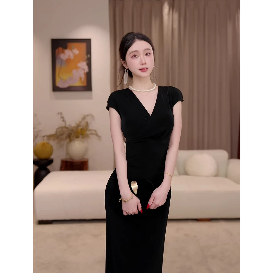 【苏渺】梵星 夏季新款法式时尚高级黑色醋酸显瘦连衣裙-VG0218