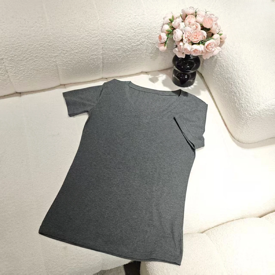 5658休闲V领短袖纯棉双面印花纯欲风百搭T恤