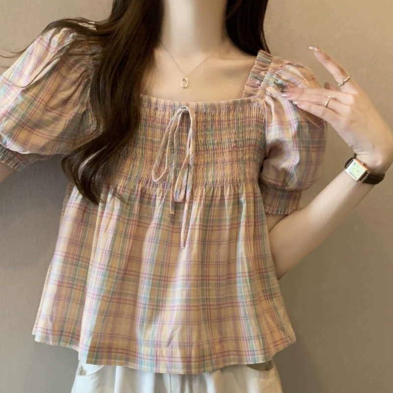 法式纯棉格子方领衬衣短袖衬衫夏季甜美女款爆款网红衬衫女款外穿