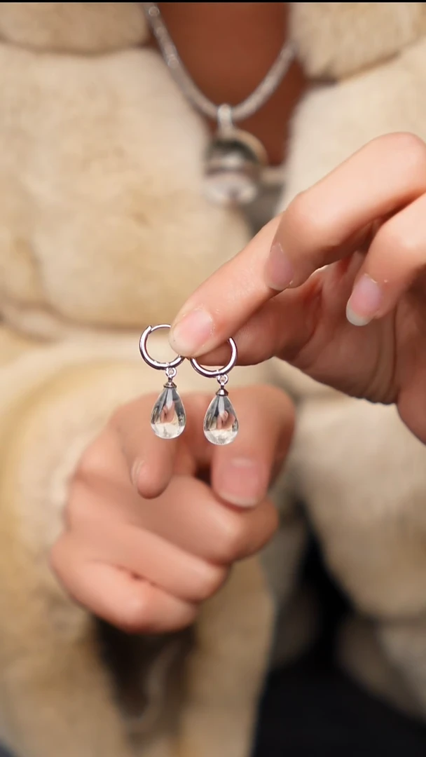 水晶摆件银S925镶嵌天然白水晶水滴耳坠04