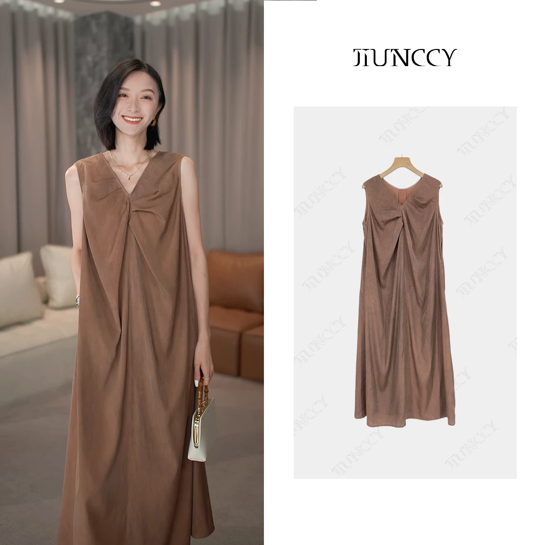 JIUNCCY【浮光】进口珠光新丽塞炒色领口捏褶连衣裙 24LYQ042