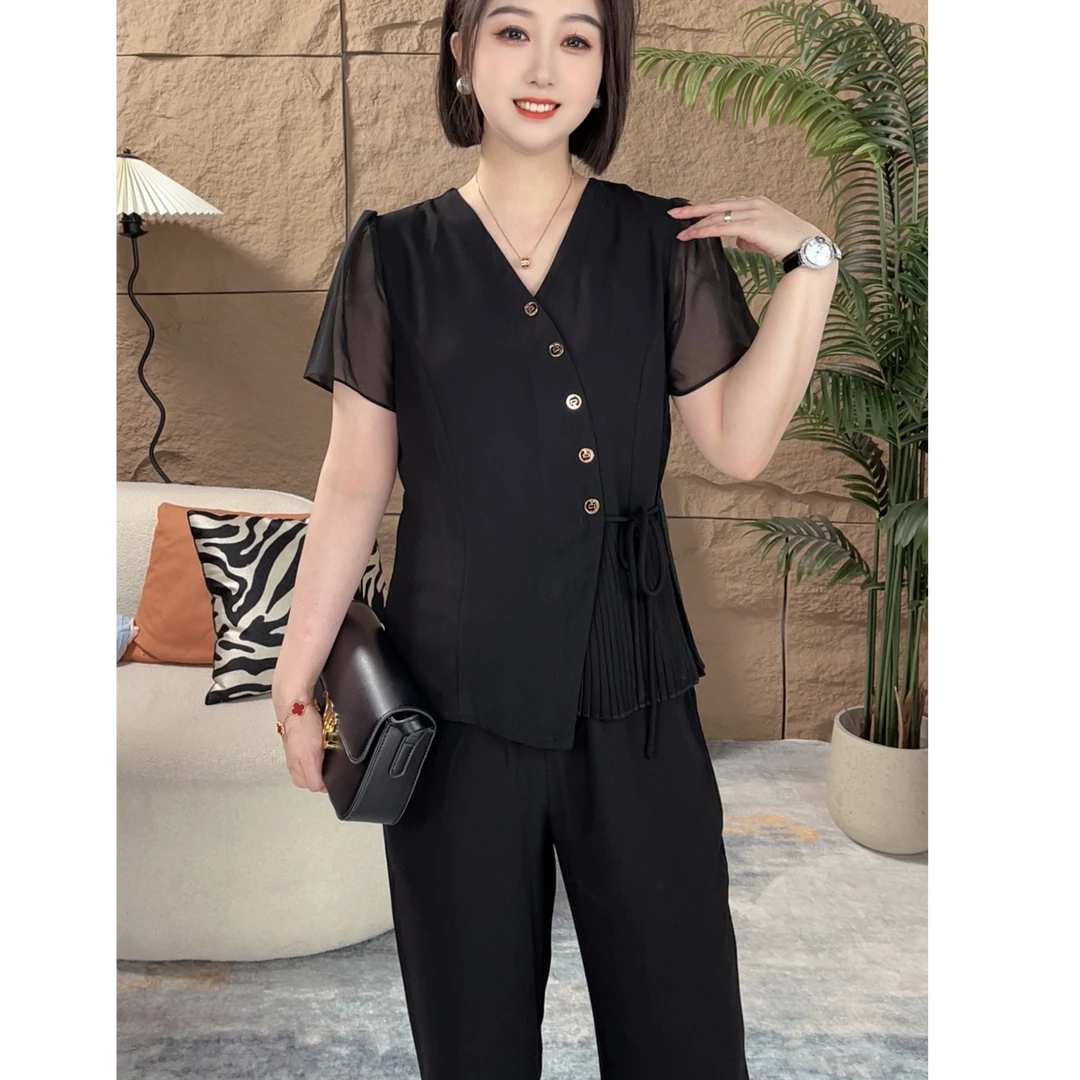 休闲风简约通勤轻职风时尚套装夏装黑色小众女装收腰