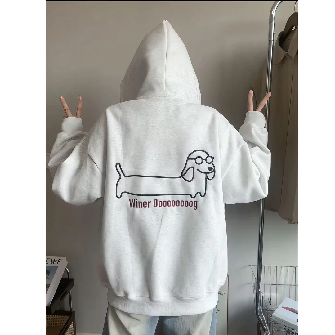 花灰色开衫卫衣男女同款秋冬季宽松百搭腊肠小狗刺绣连帽外套开学