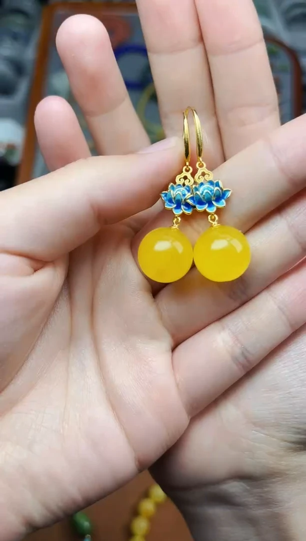 蜜蜡银S925镶嵌耳饰圆珠耳钩06