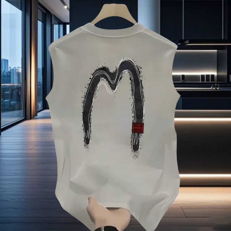 M线条 宽松2025夏季潮牌圆领无袖t恤背心男款美式坎肩印花纯棉