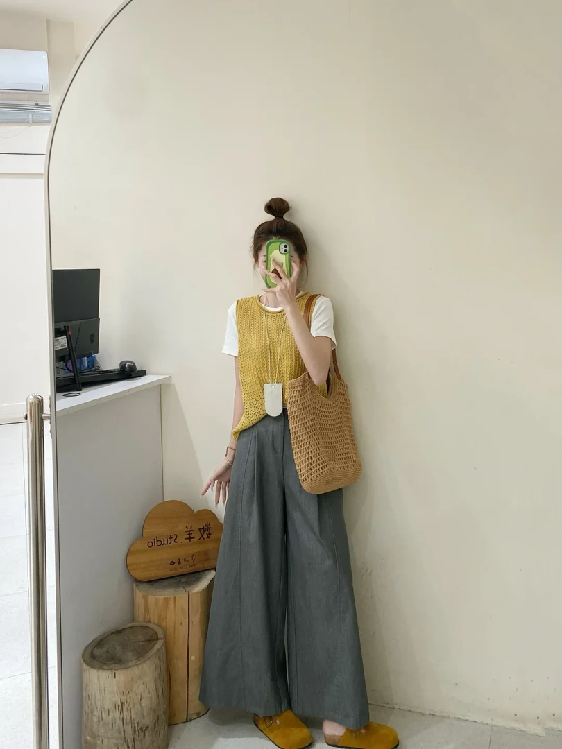 2025夏季新款韩系穿搭小个子白色T恤黄色马甲高腰休闲裤三件套女