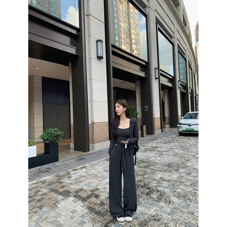 2025早秋新款时尚气质显瘦连帽开衫上衣背心休闲直筒阔腿裤套装女