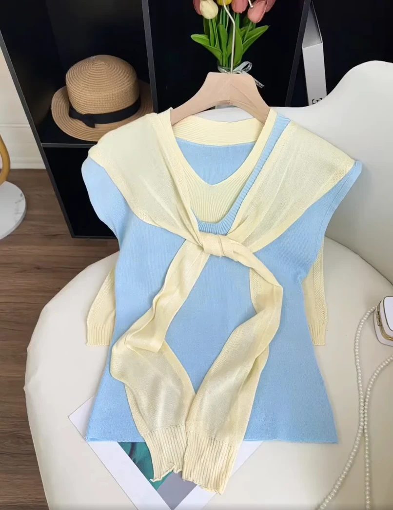 2025新款夏季不撞款披肩假两件短袖上衣女多巴胺独特漂亮掐腰T恤