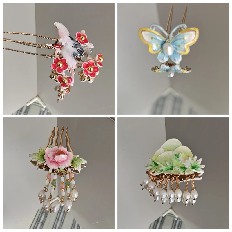 手绘牡丹发梳仙鹤梅花发钗层林染发夹手绘蝴蝶朵簪手工