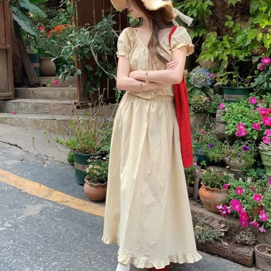 泡泡袖木耳边小衫+长裙LSS59071