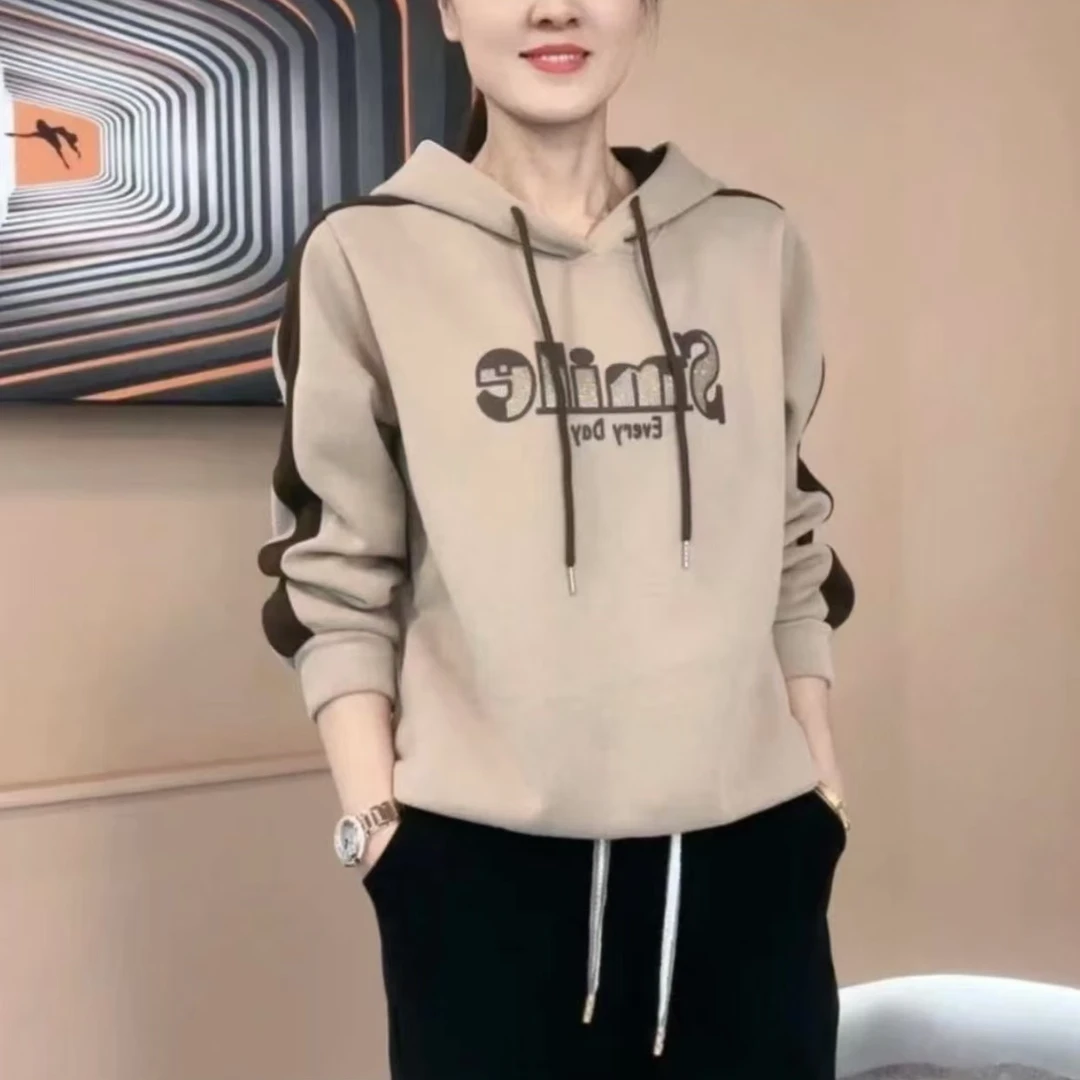 【春款不加绒】连帽拼色休闲百搭显瘦印花2025遮肉长袖T恤女妈妈装