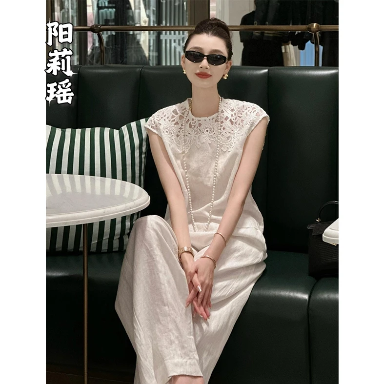 2025松弛感穿搭显瘦遮肉白色蕾丝上衣阔腿裤套装女夏装搭配一整套