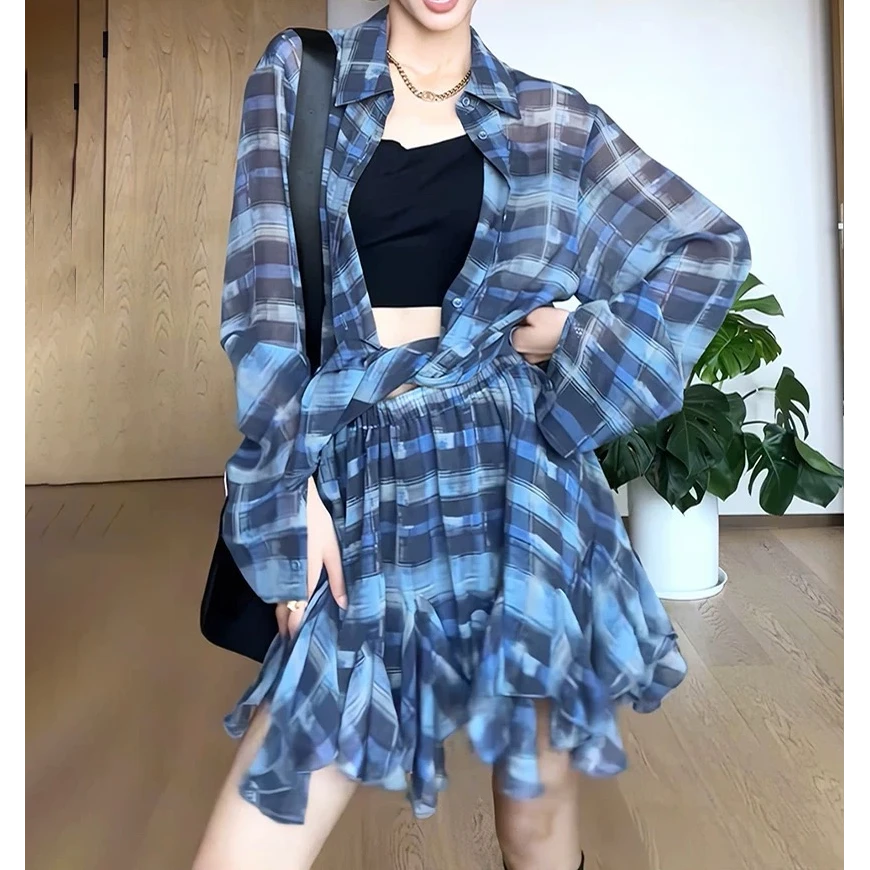 海盐栀子 慵懒松弛格纹空气半透长袖衬衫半身裙两件套