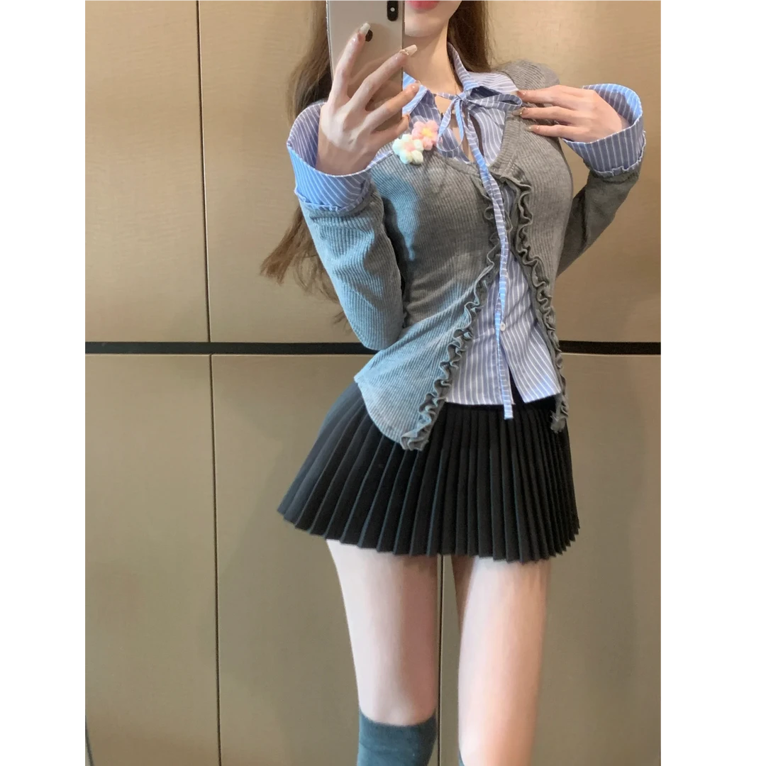 早春韩系学院风套装条纹衬衫假两件开衫纯欲美式辣妹百褶裙2025女