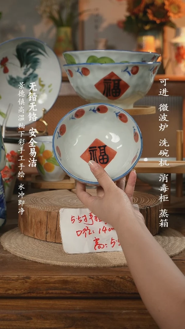 瓷景德镇高温瓷釉下彩手绘陶瓷5.5寸手捏