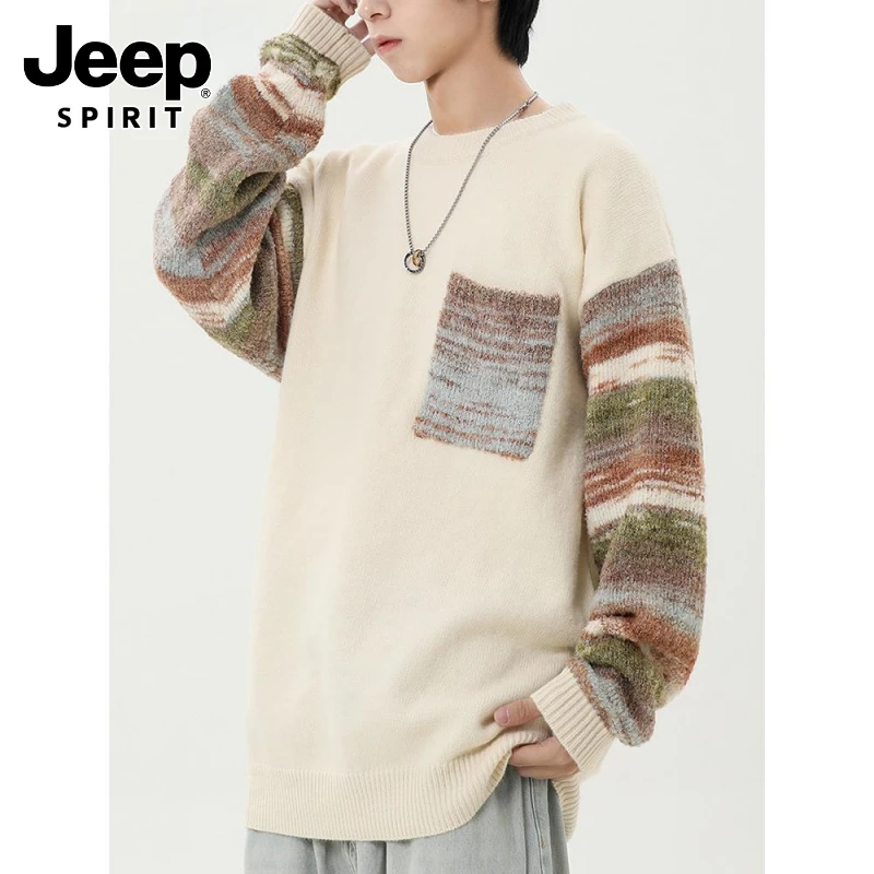 JEEPSPIRIT吉普青年拼色圆领毛衣男士秋冬款宽松慵懒风杏色针织衫