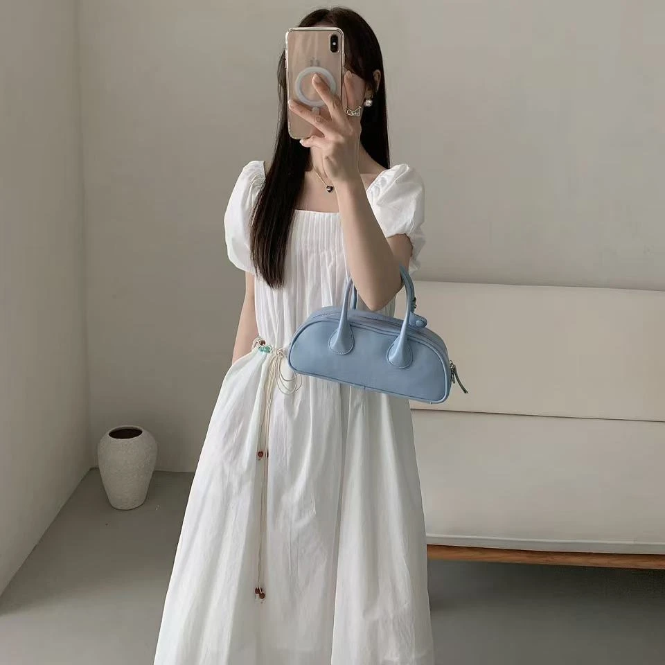 【福尼】淑女气质时尚压褶白色百搭显瘦连衣裙裙子-funi006