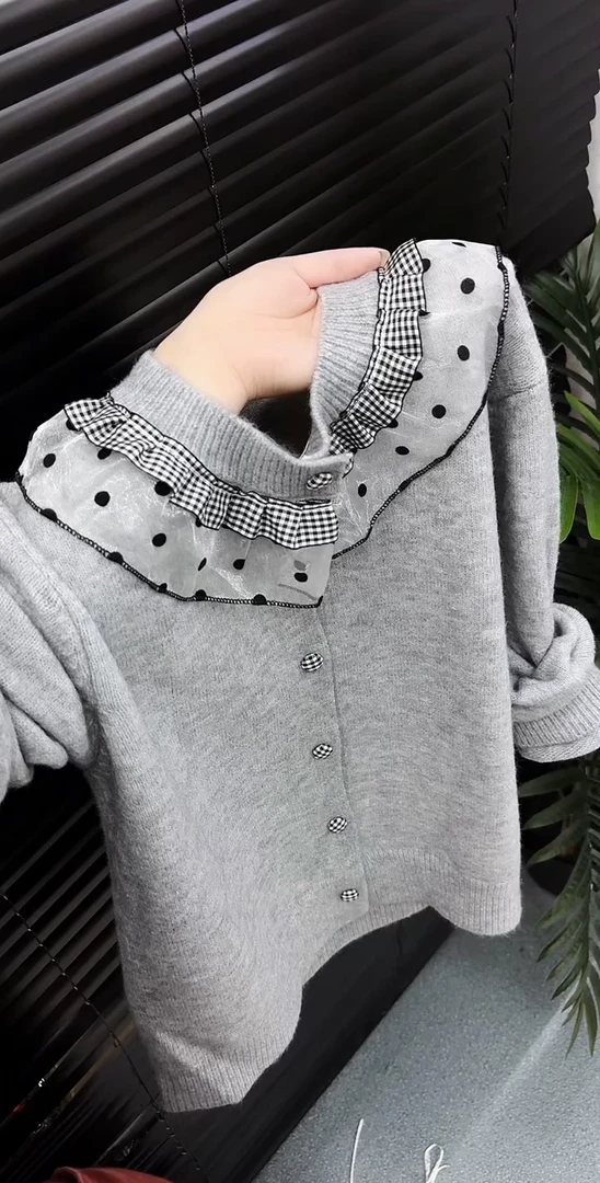 2025秋冬季新款时尚百搭针织上衣拼接圆领女装毛针织衫开衫款韩版