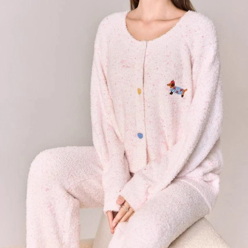 【妮妍娇】奶呼呼可爱腊肠狗半边绒睡衣女2025新款秋冬季保暖家居服