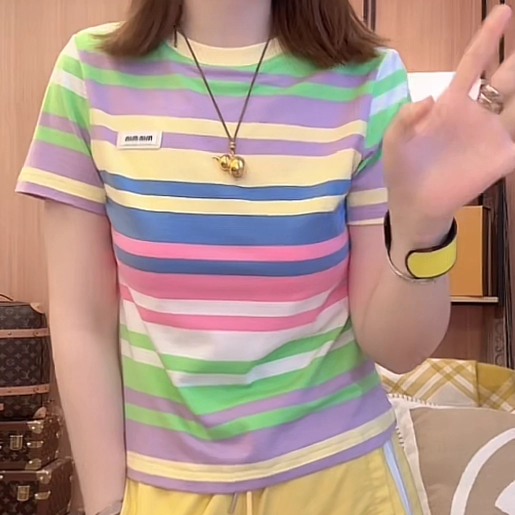 彩虹条纹拼接圆领短袖T恤女2025新款夏季时尚设计感休闲上衣百搭
