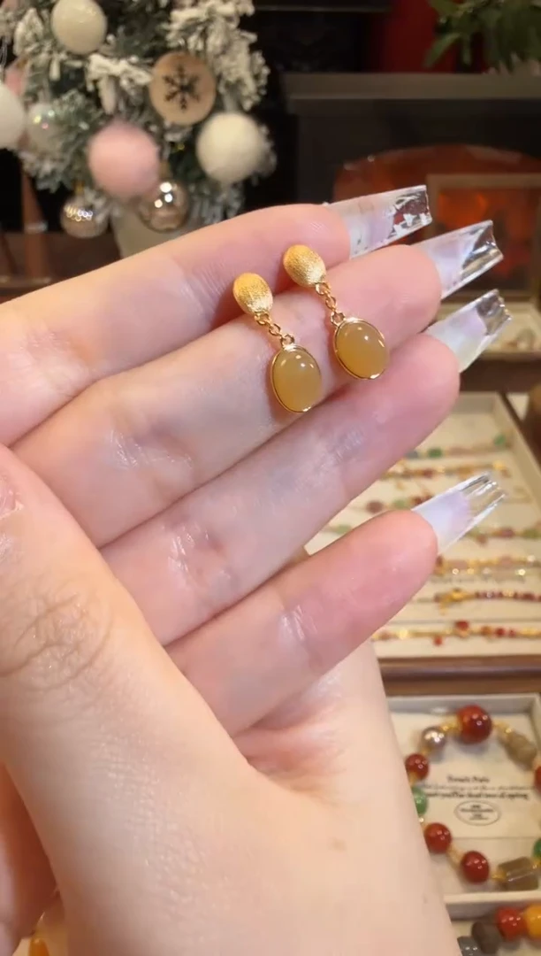 银S925镶嵌和田玉耳饰拉丝糖玉