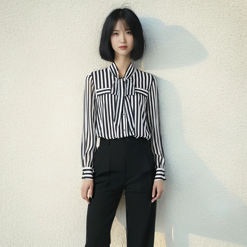 桑蚕丝长袖时尚百搭衬衫飘带休闲薄款显瘦黑色条纹  LW  825850