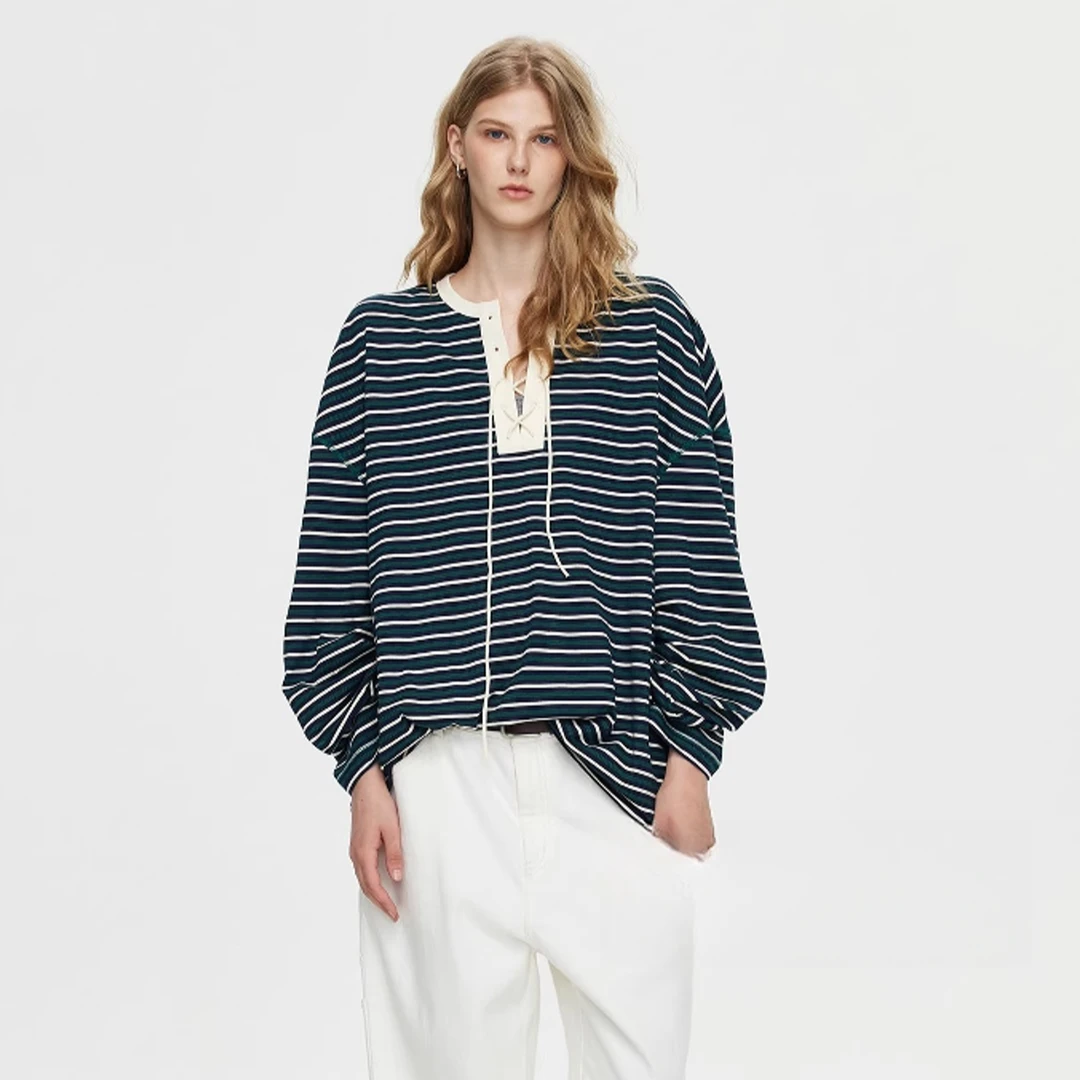 高端货~绑带设计摩登复古宽松条纹长袖T恤女秋季休闲百搭上衣