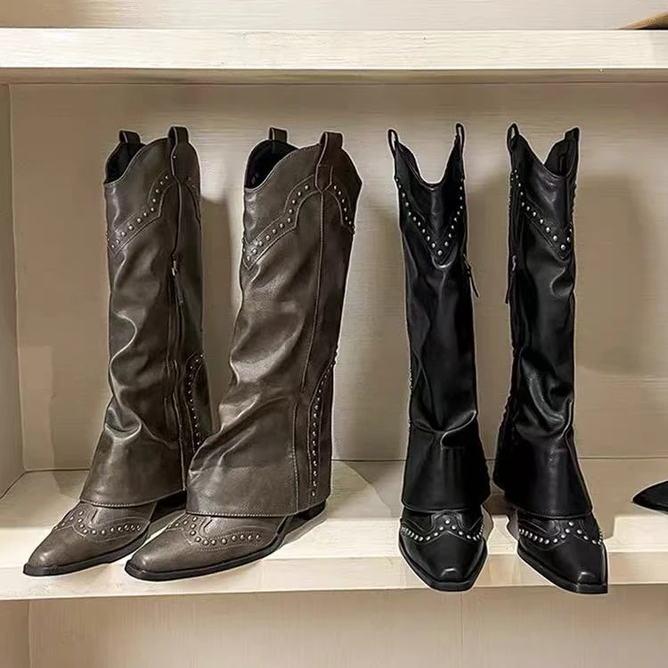时尚复古尖头铆钉裤管靴春秋季新款粗跟侧拉链西部牛仔长筒靴女