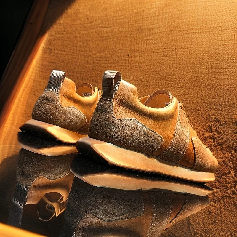 小众原创做旧真皮经典华夫阿甘鞋男休闲德训鞋超火软底系带运动鞋