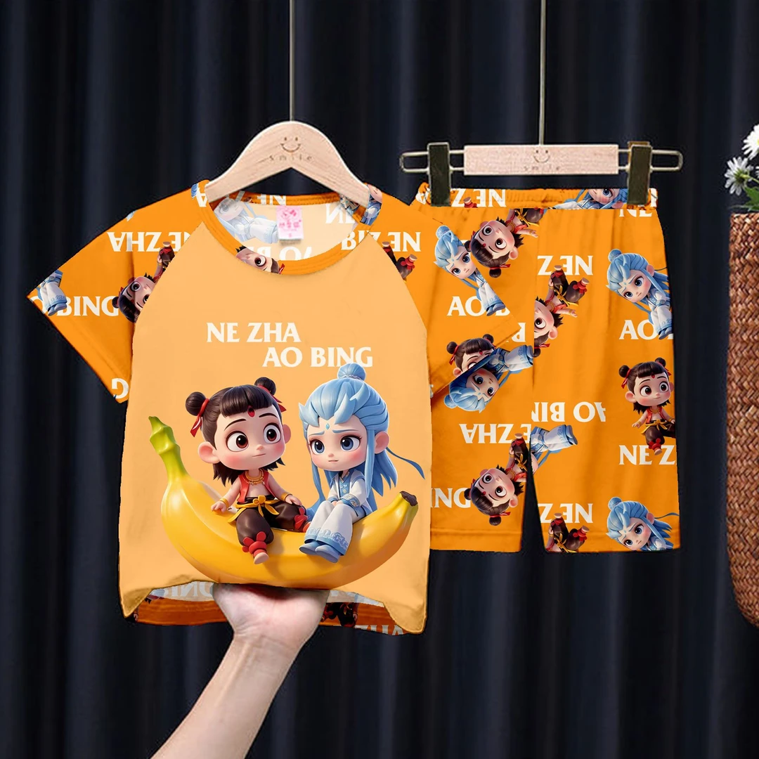 2025夏季哪吒敖丙儿童薄款家居服套装睡衣男童短袖短裤女中大童
