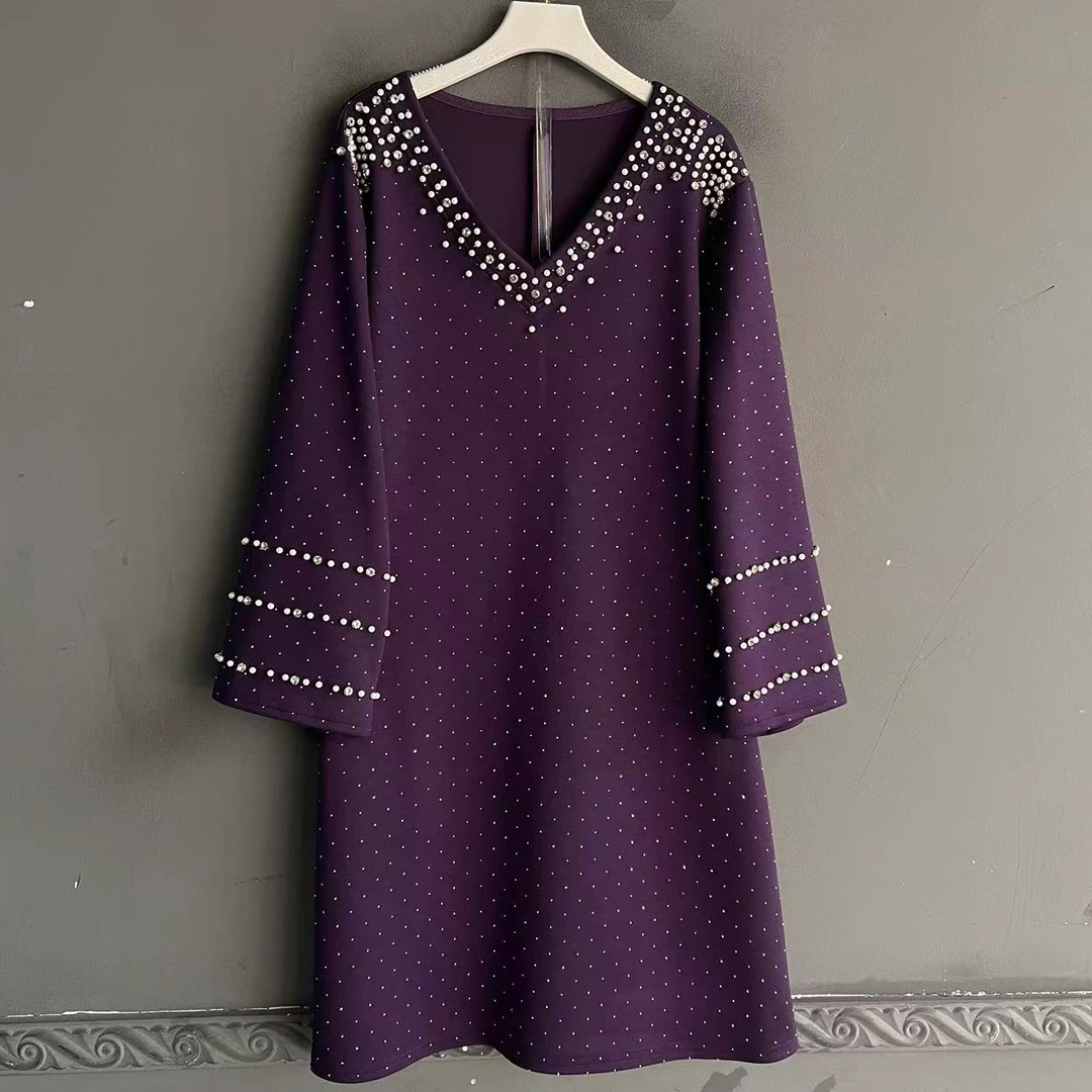 长袖中长裙镶钻常规大码连衣裙加大2025冬季秋冬圆领挂脖成人裙子