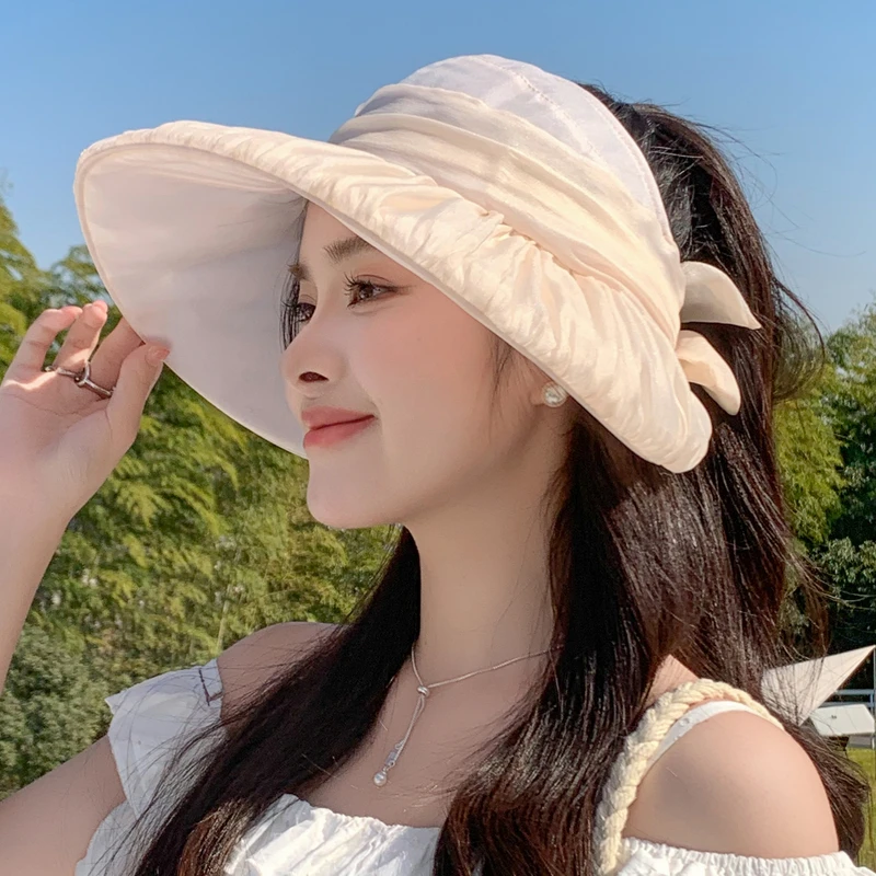 蝴蝶结褶邹遮阳帽子女夏天空顶大檐遮阳帽可扎马尾防紫外线太阳帽