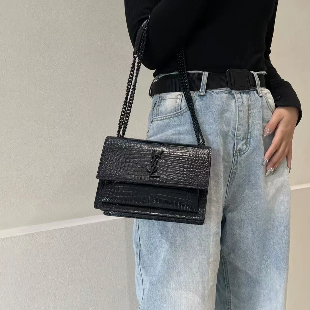 95新 YSL/圣罗兰 坤球奢选圣罗兰全黑日落斜挎包