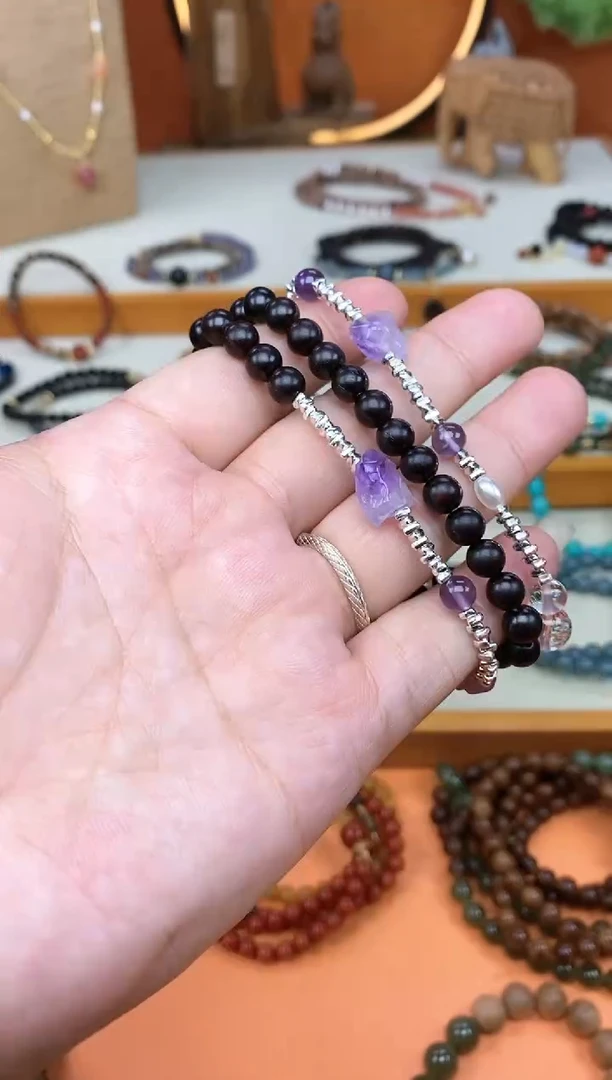 未镶嵌檀香紫檀（小叶紫檀）手串印度小叶紫檀三圈水晶手串