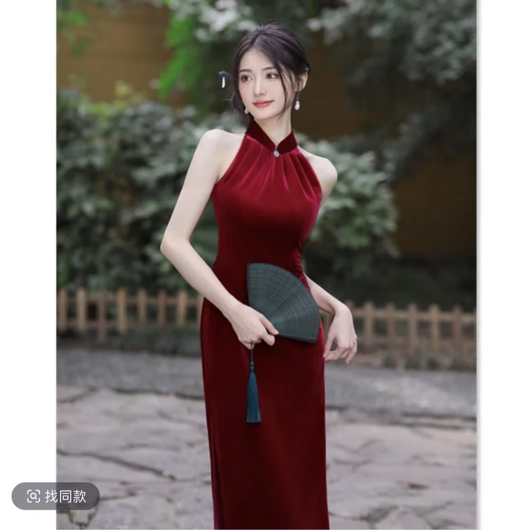 GSJJ-新中式丝绒挂脖气质款旗袍